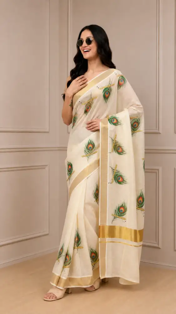 Kasavu Golden Tissue with Peacock Feather Print Saree with Running Blouse 