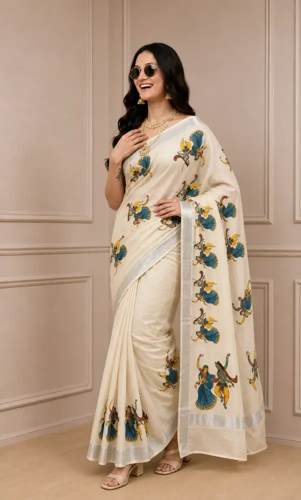 Kasavu Saree Tissue Mural Hand Printed