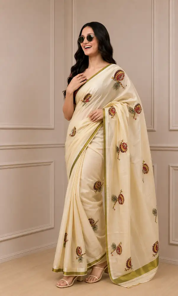 Kasavu Saree Tissue Mural Painted | Traditional